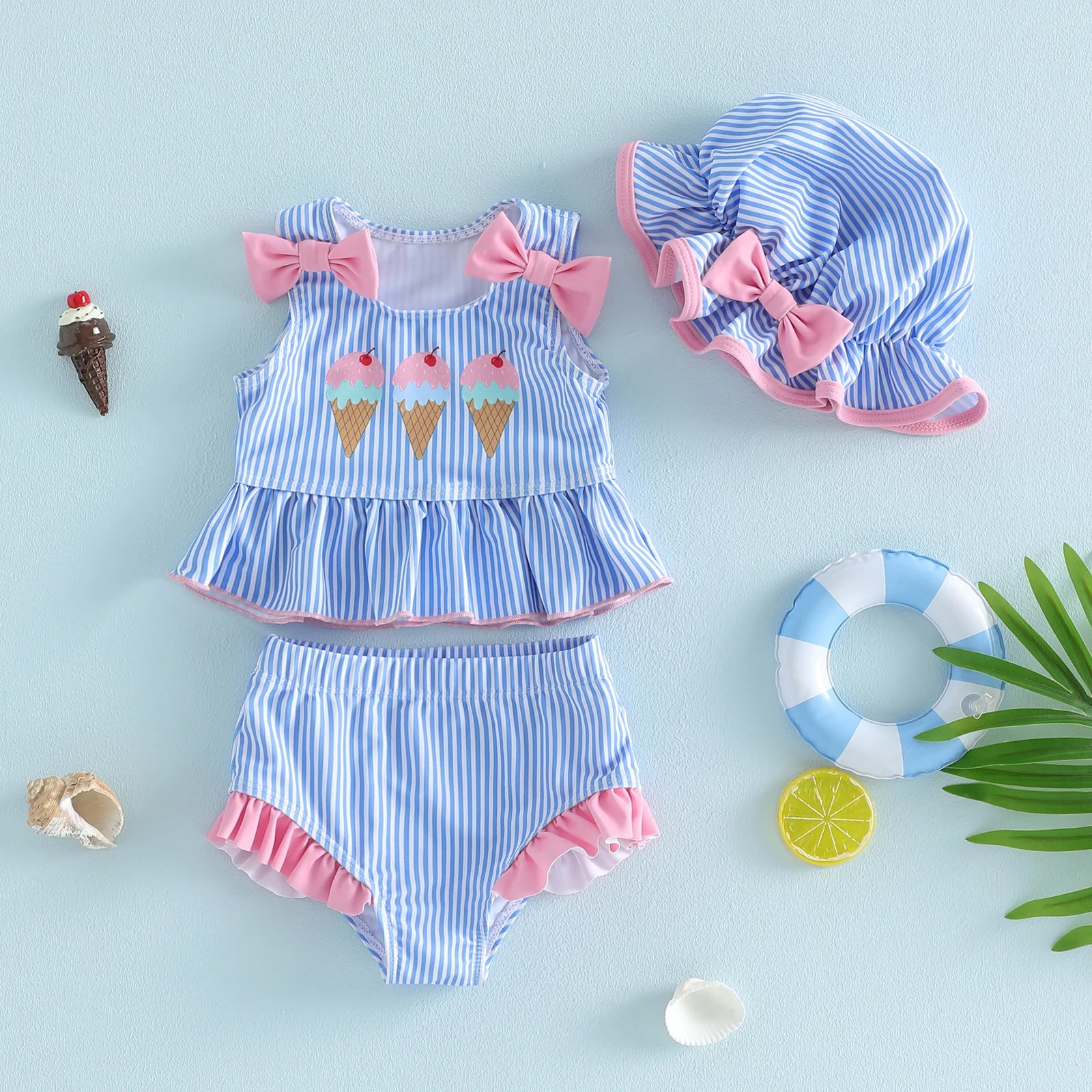 Girls Swimsuit Watermelon Print Ruffle Top with Polka Dot Bottoms and Matching Sun Hat