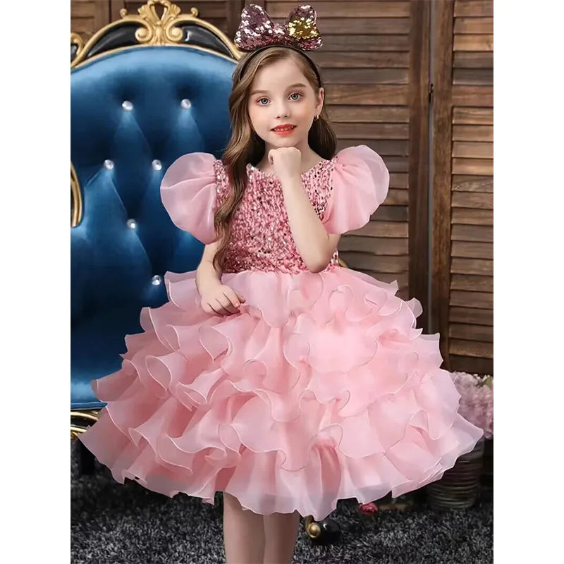 Girls Sequined Party Ball Dress With Big Bow Headband