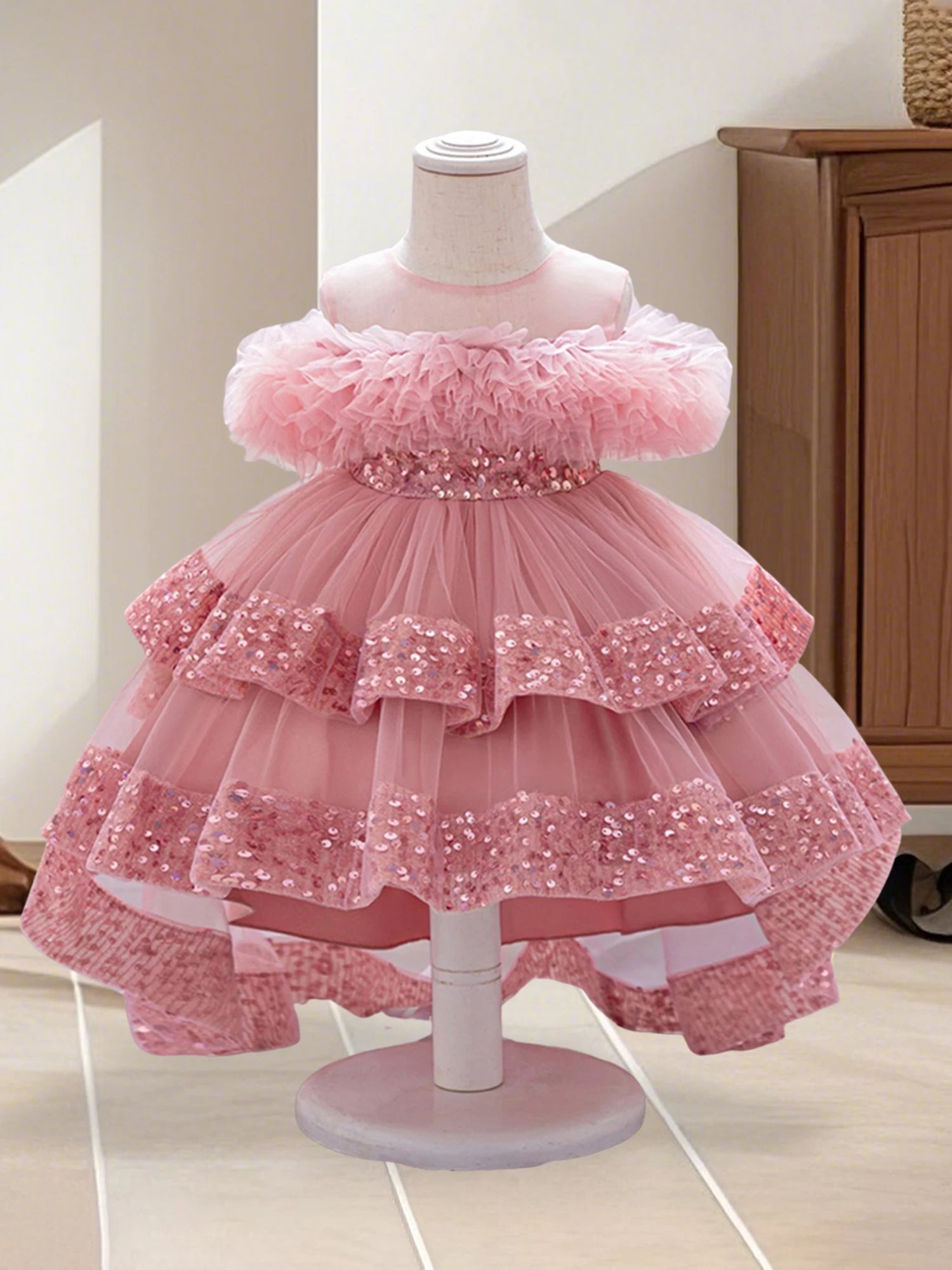 Girls Sparkly Sequin Princess Dress with Tulle Skirt and High-Low Hemline