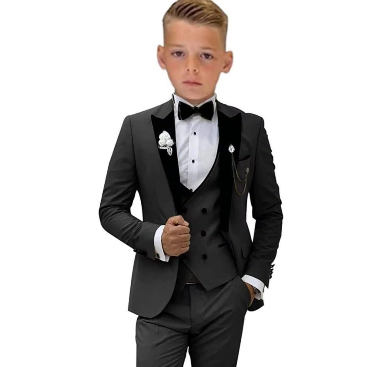 Four Pieces Boys Formal Suit Set, Velvet Collar Blazer Suits 3-14 Years