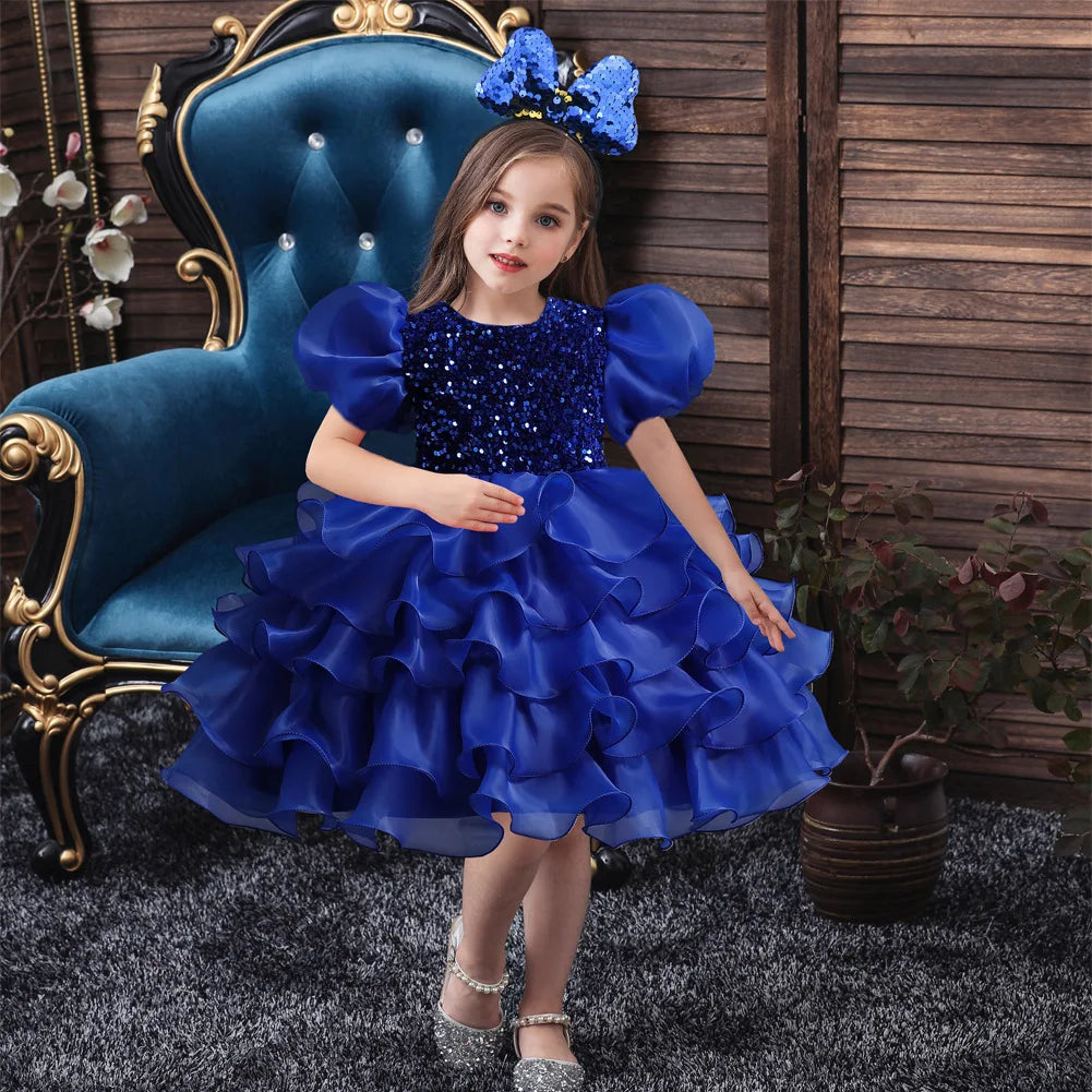 Girls Sequined Party Ball Dress With Big Bow Headband