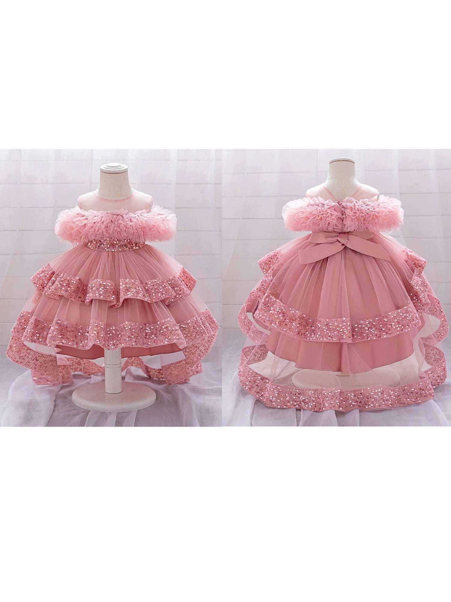 Girls Sparkly Sequin Princess Dress with Tulle Skirt and High-Low Hemline