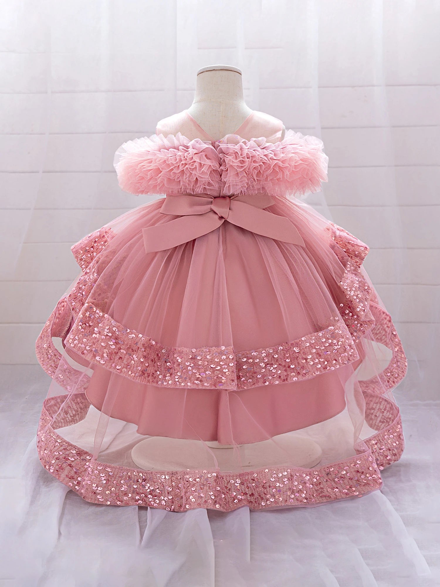 Girls Sparkly Sequin Princess Dress with Tulle Skirt and High-Low Hemline