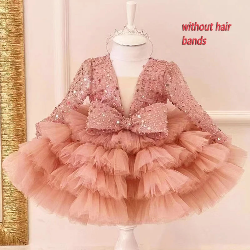 Long Sleeve Sequins Bow Girls