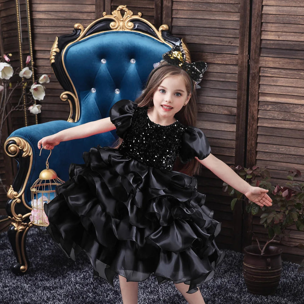 Girls Sequined Party Ball Dress With Big Bow Headband