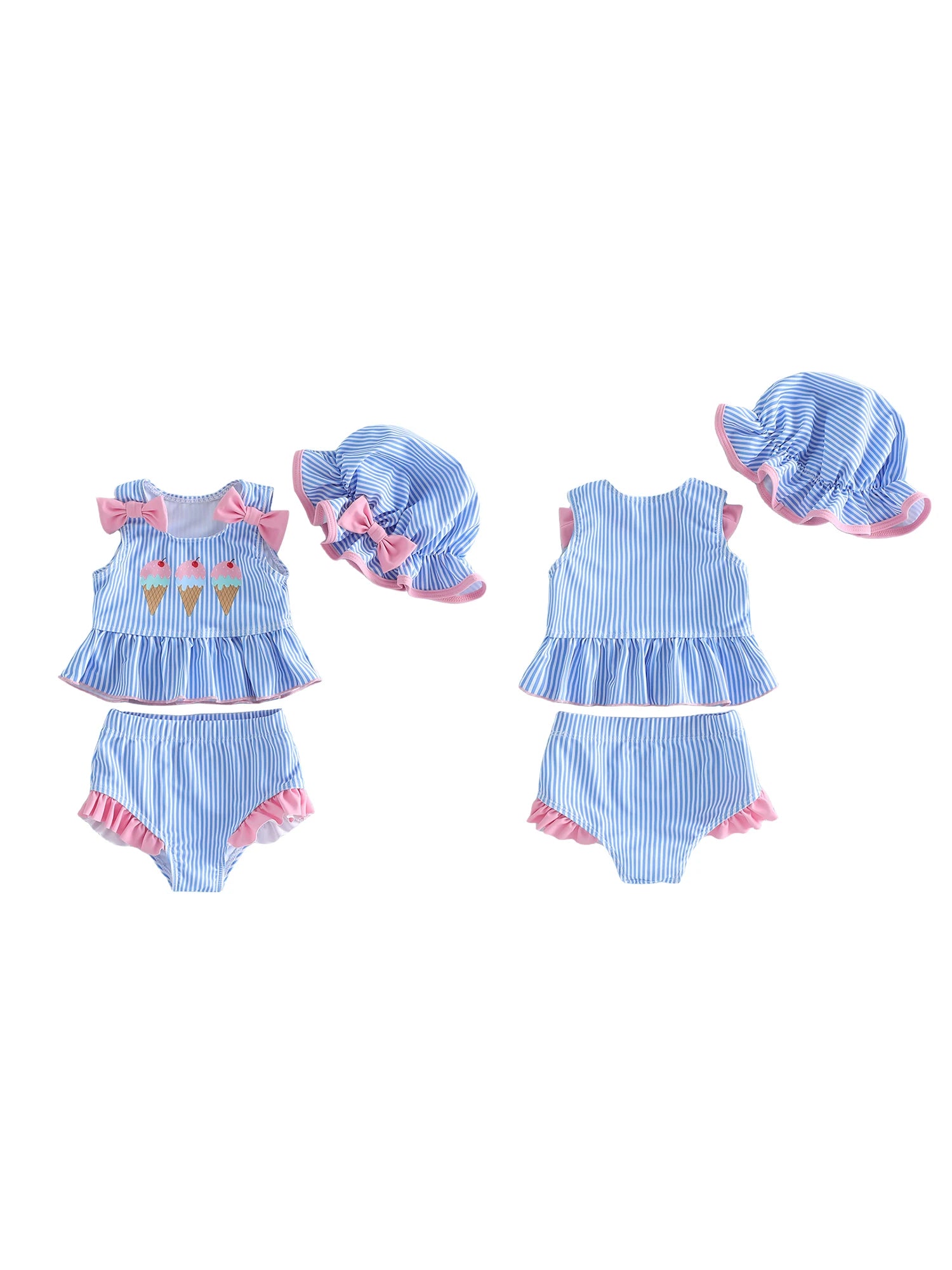 Girls Swimsuit Watermelon Print Ruffle Top with Polka Dot Bottoms and Matching Sun Hat