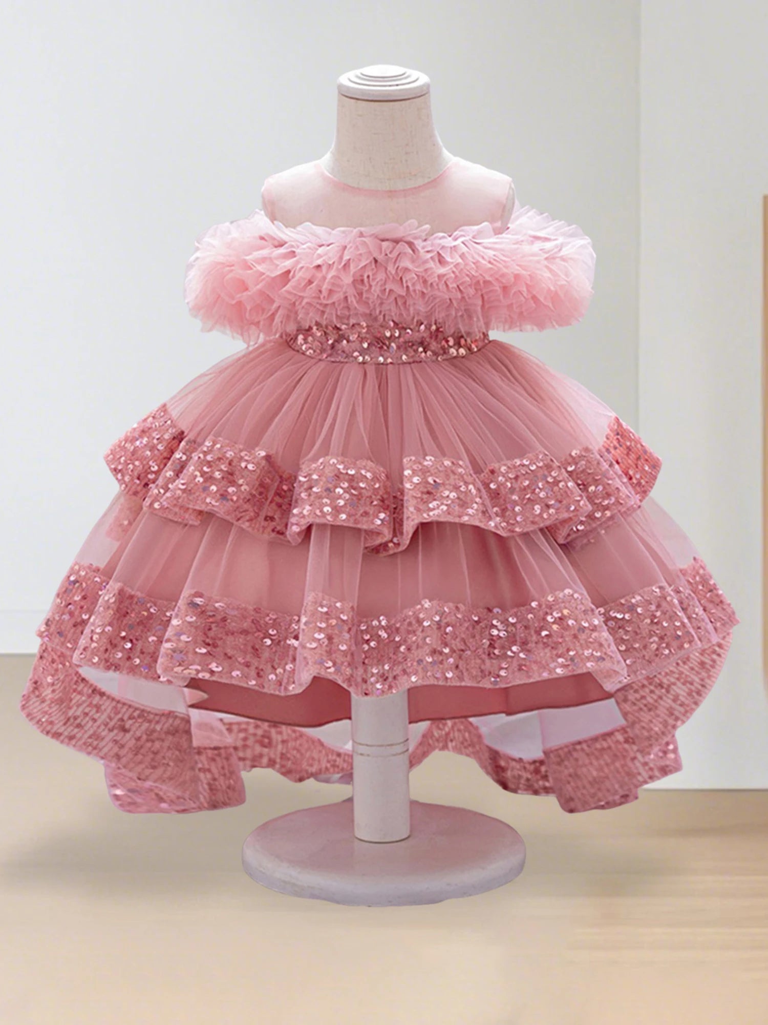 Girls Sparkly Sequin Princess Dress with Tulle Skirt and High-Low Hemline