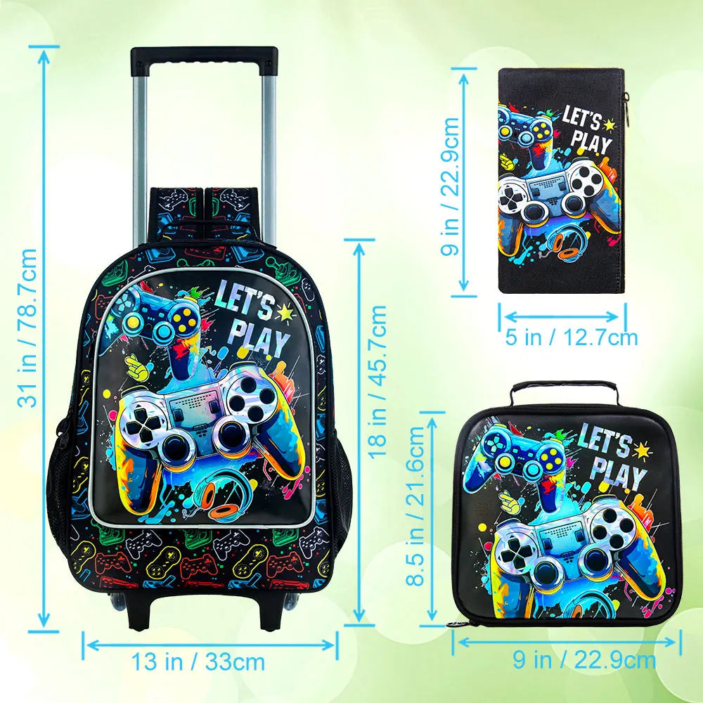3PCS Kids Roller Backbag with Lunch Bag