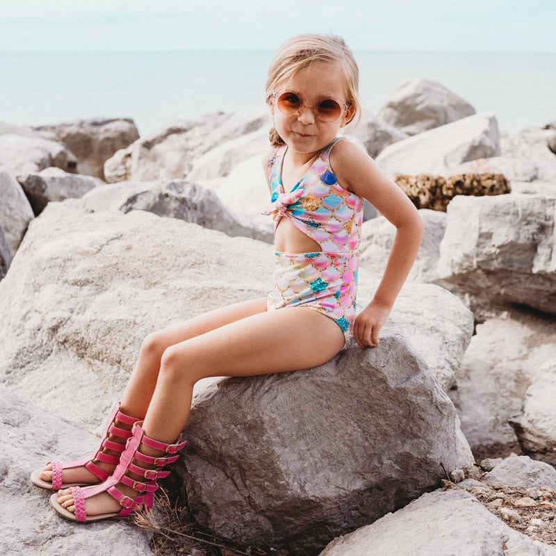 One Piece Printed Mermaid Sleeveless Hollow One Piece Swimsuit