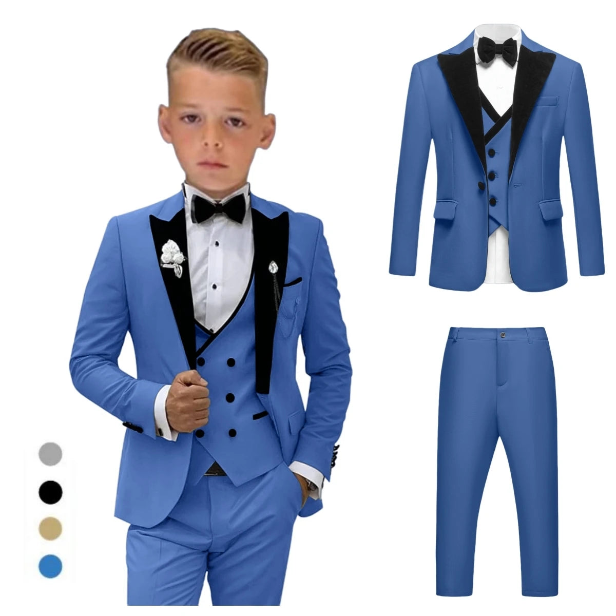 Four Pieces Boys Formal Suit Set, Velvet Collar Blazer Suits 3-14 Years