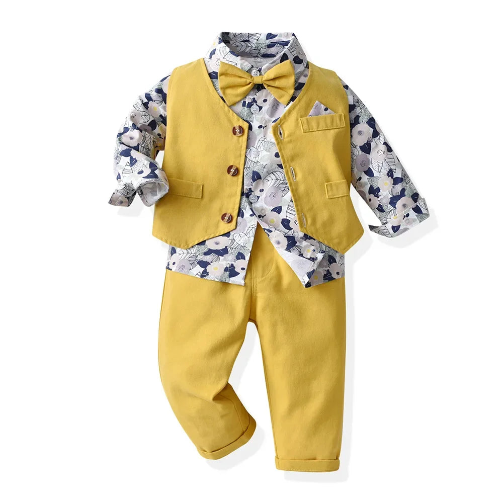 Boy Suit 70-140cm Flower Shirt and Strap Pants with Vest and Bow Tie
