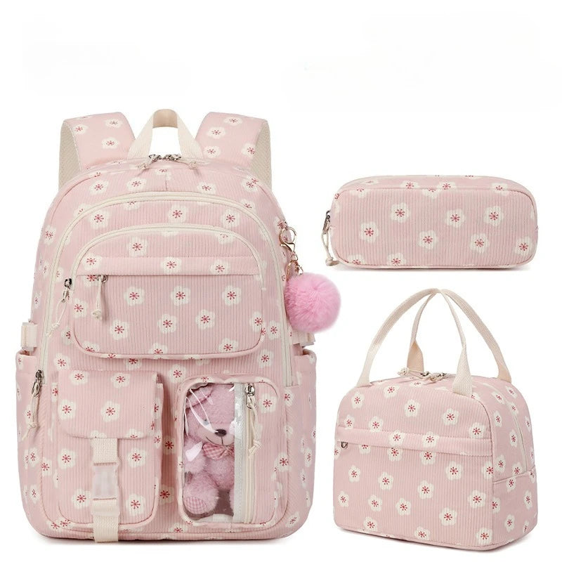 3pcs/set Corduroy School Backpack with Lunch Bag & Pencil Case
