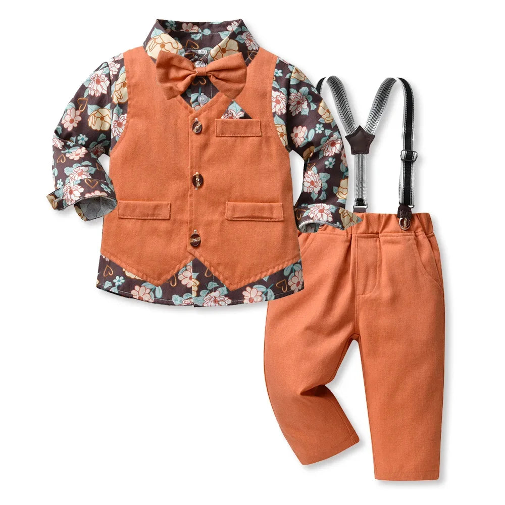 Boy Suit 70-140cm Flower Shirt and Strap Pants with Vest and Bow Tie