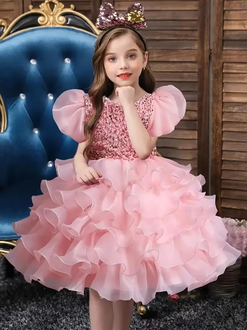 Girls Sequined Party Ball Dress With Big Bow Headband