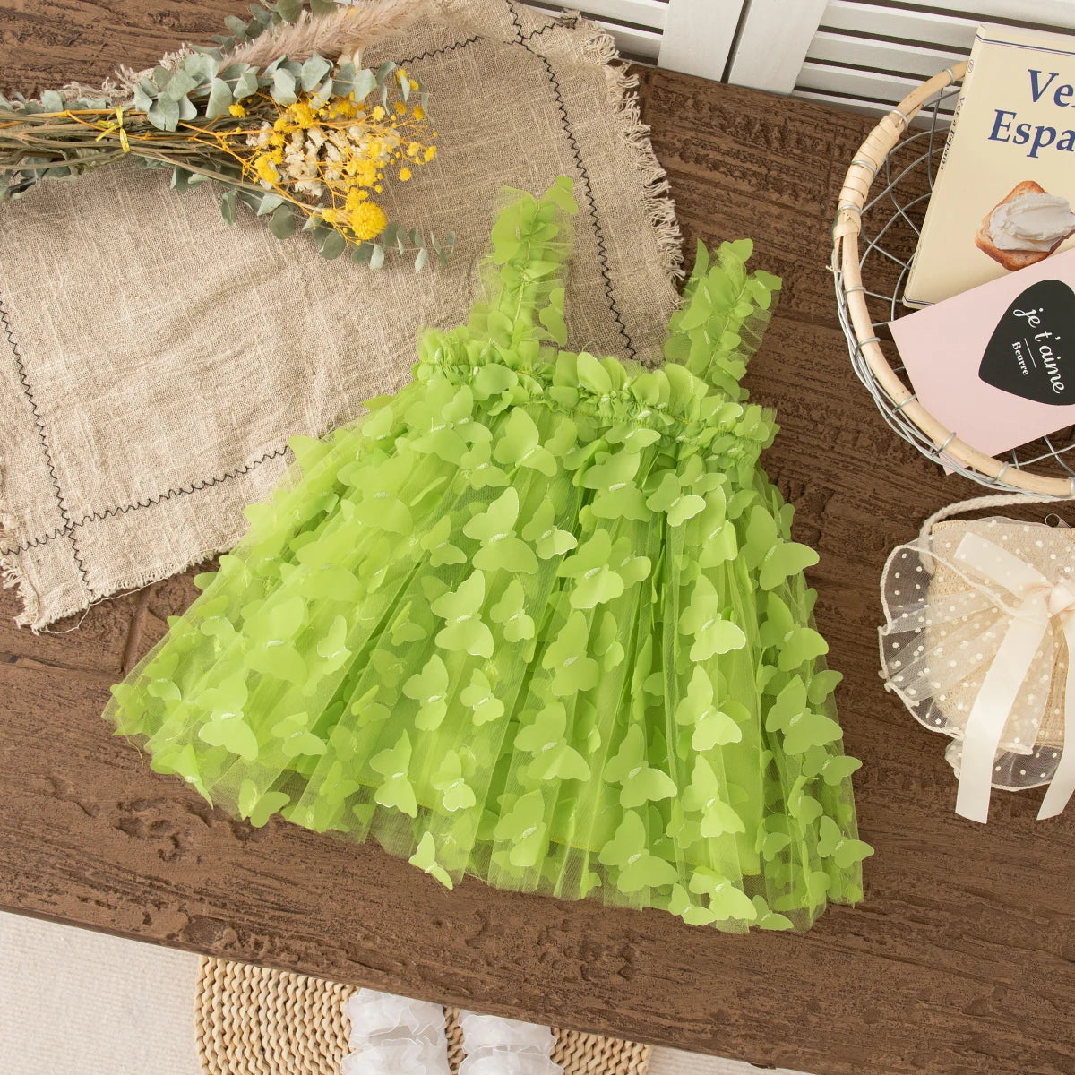 Full Print Butterfly Halter Solid Color Fluffy Girl Dress