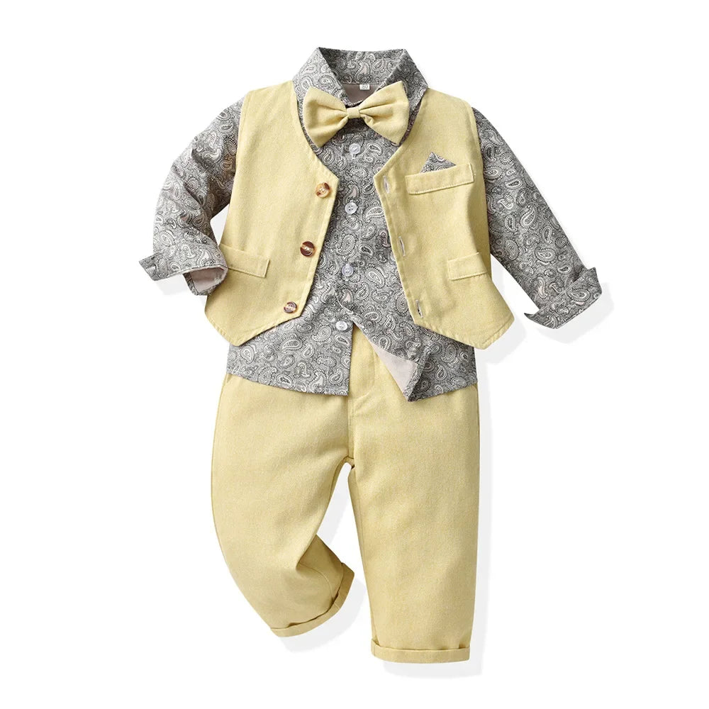 Boy Suit 70-140cm Flower Shirt and Strap Pants with Vest and Bow Tie