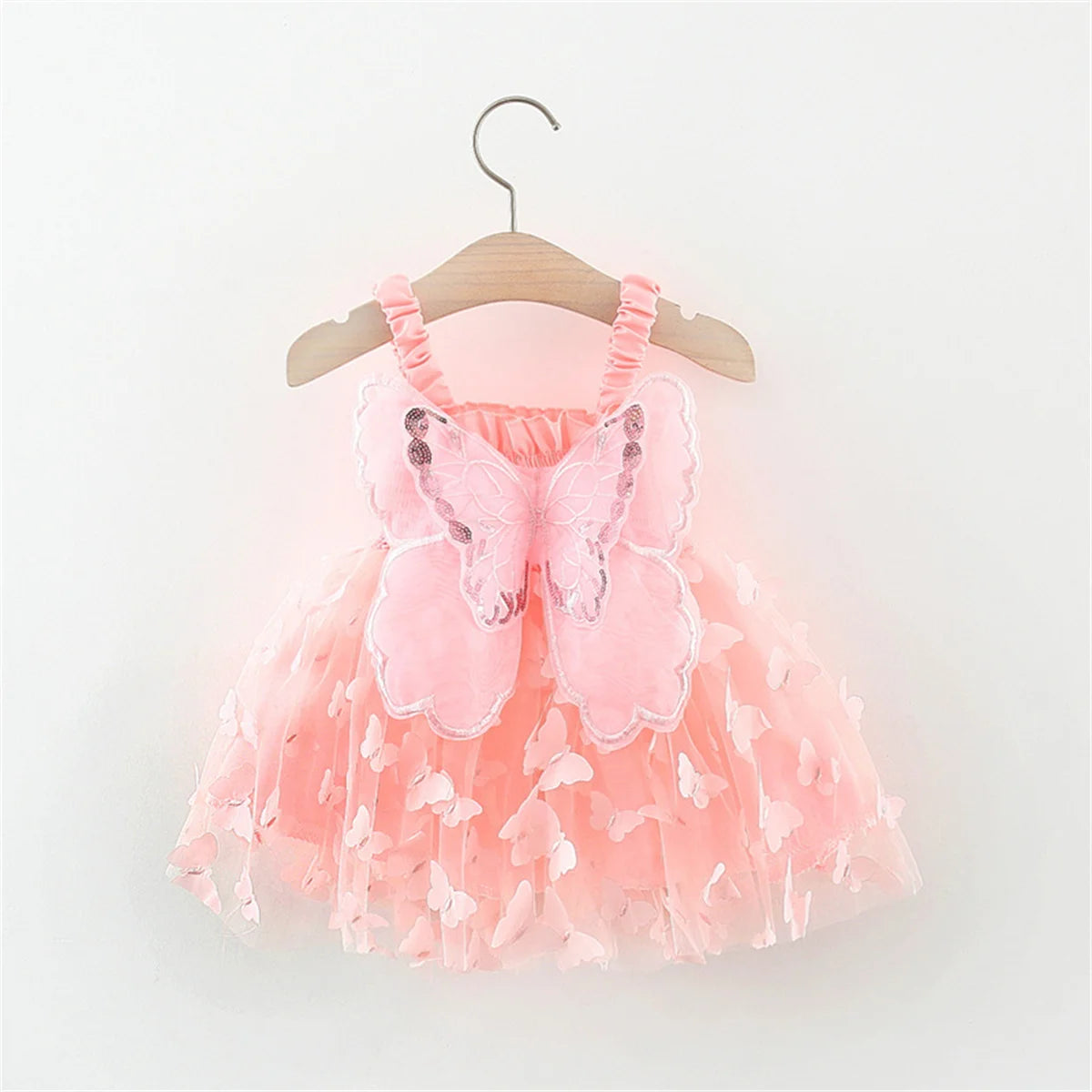 Back Bow Wing Embroidery Mesh Solid Color Strap Mesh Dress 0-3 Years Old