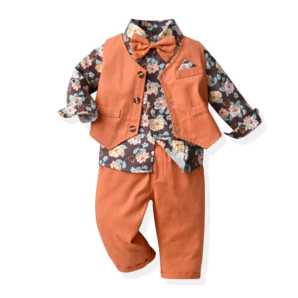 Boy Suit 70-140cm Flower Shirt and Strap Pants with Vest and Bow Tie