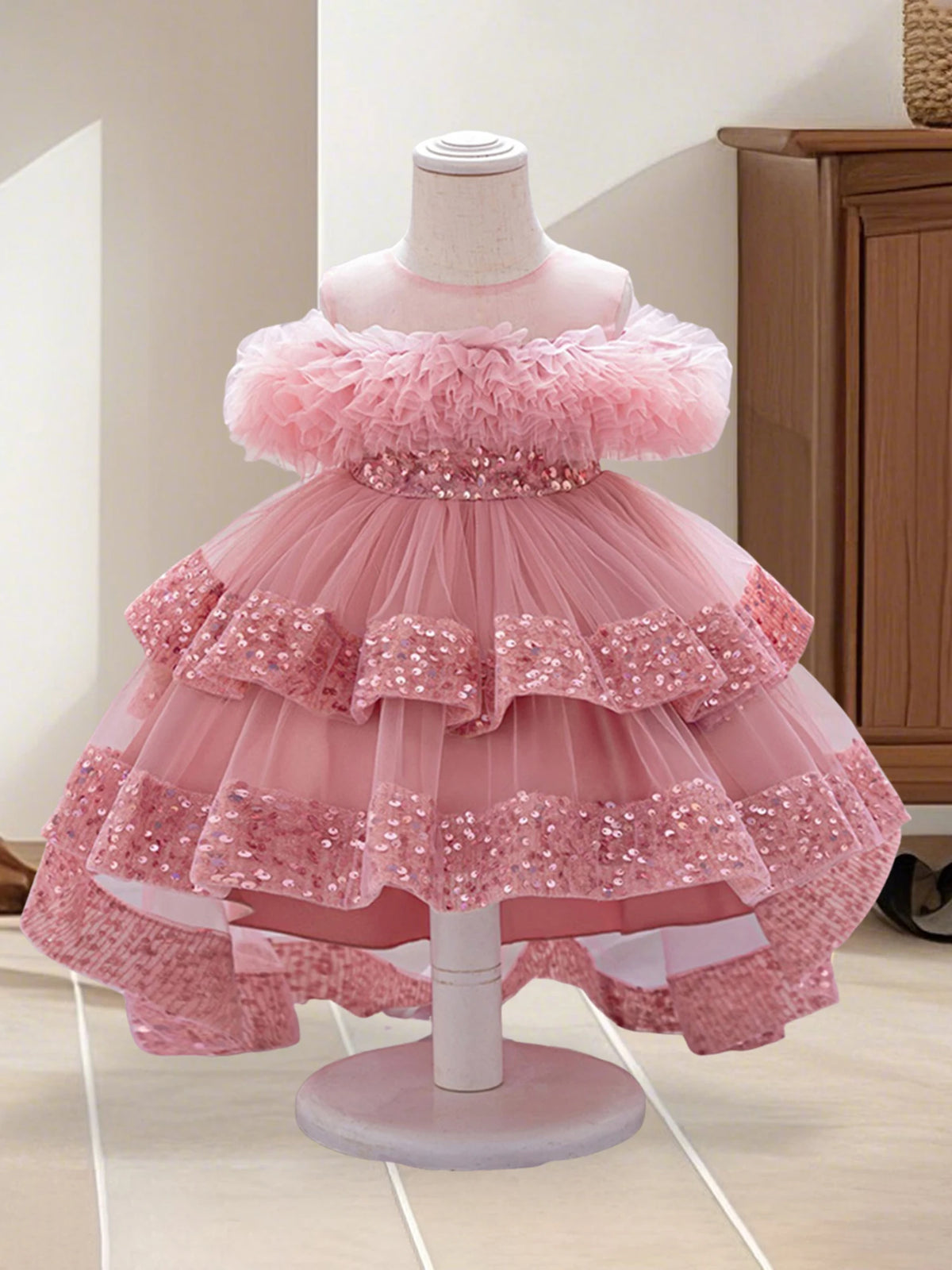 Girls Sparkly Sequin Princess Dress with Tulle Skirt and High-Low Hemline