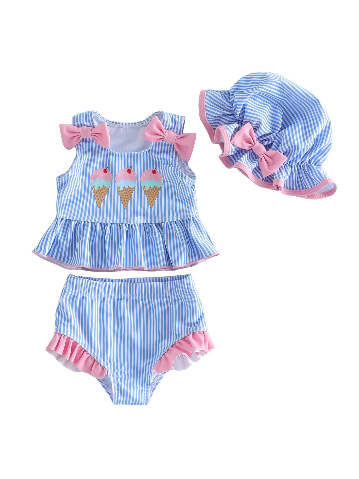 Girls Swimsuit Watermelon Print Ruffle Top with Polka Dot Bottoms and Matching Sun Hat