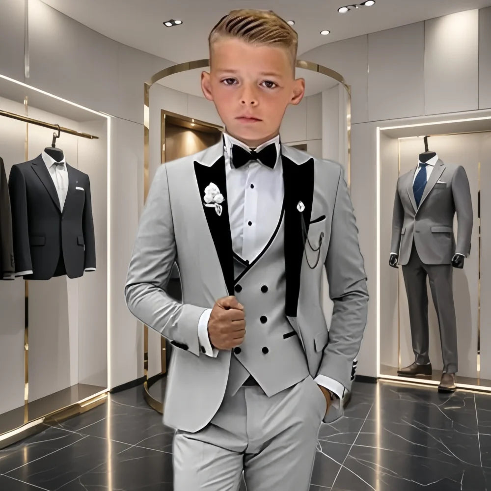 Four Pieces Boys Formal Suit Set, Velvet Collar Blazer Suits 3-14 Years
