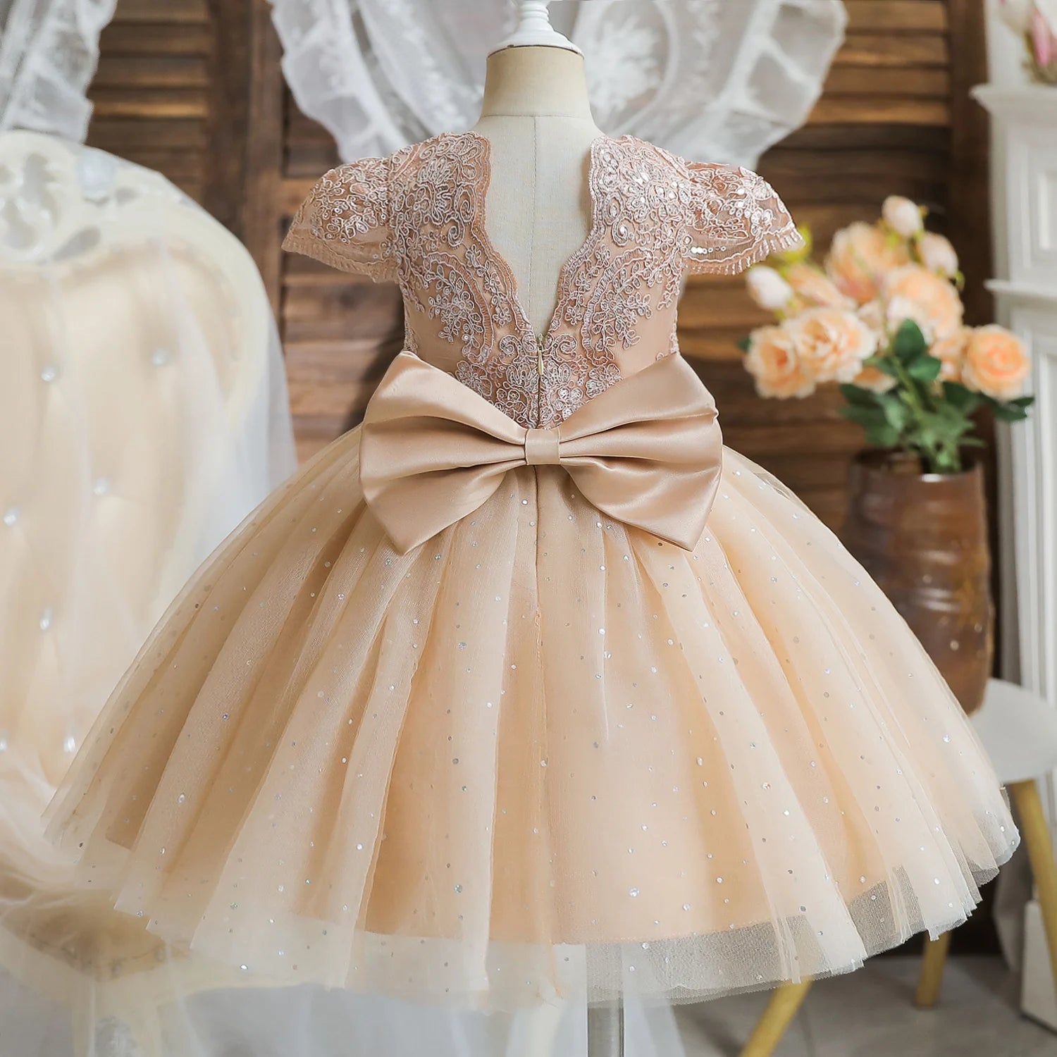 Cute Bow Princess Lace Tulle Short Dress For Girls  1-5 Year