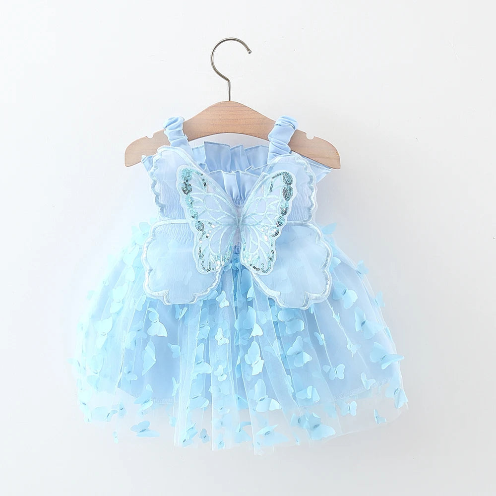 Back Bow Wing Embroidery Mesh Solid Color Strap Mesh Dress 0-3 Years Old