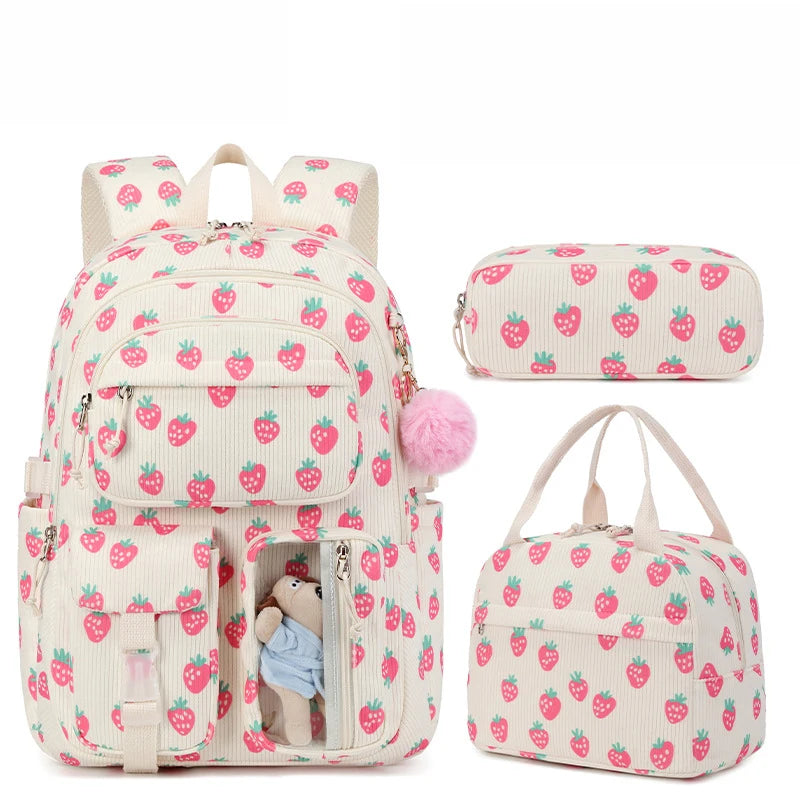 3pcs/set Corduroy School Backpack with Lunch Bag & Pencil Case