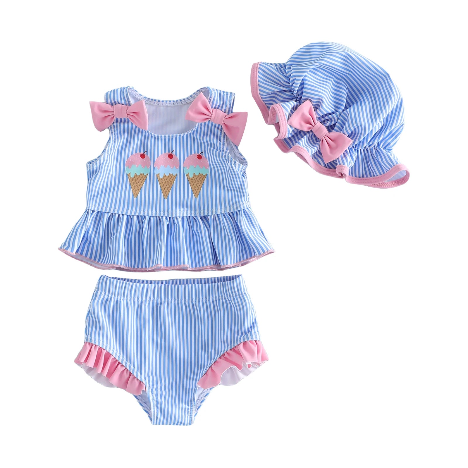 Girls Swimsuit Watermelon Print Ruffle Top with Polka Dot Bottoms and Matching Sun Hat