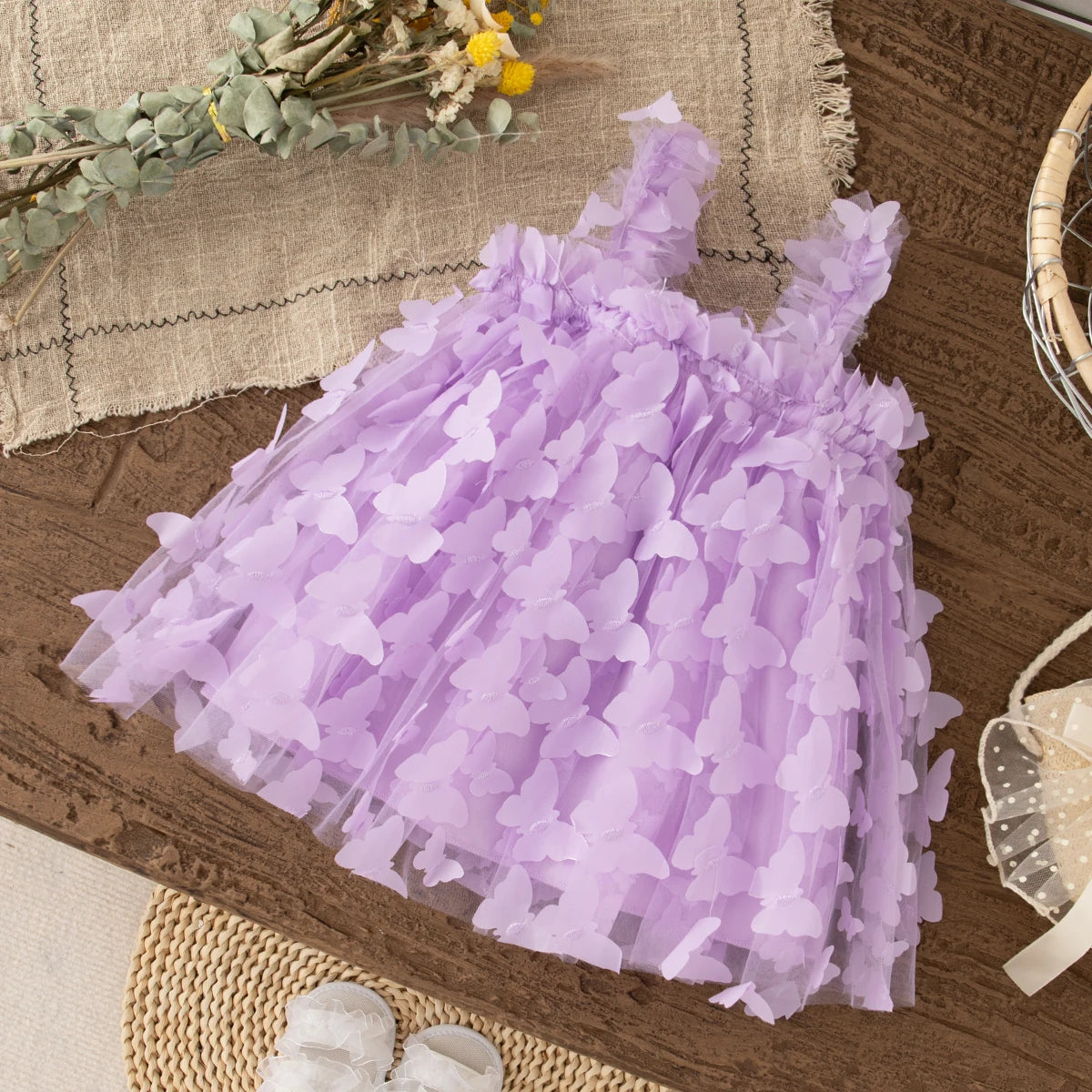 Full Print Butterfly Halter Solid Color Fluffy Girl Dress