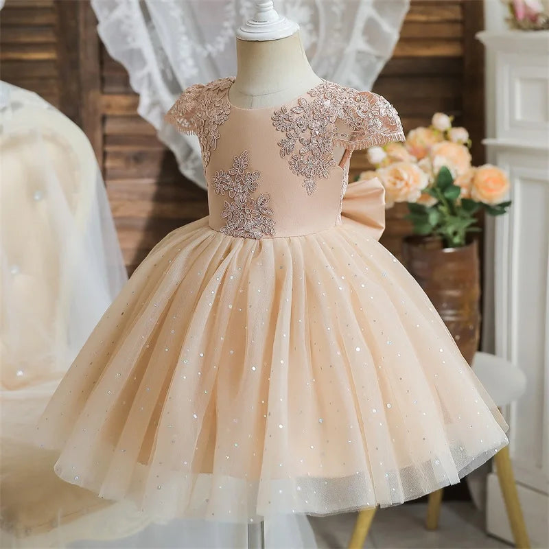 Cute Bow Princess Lace Tulle Short Dress For Girls  1-5 Year