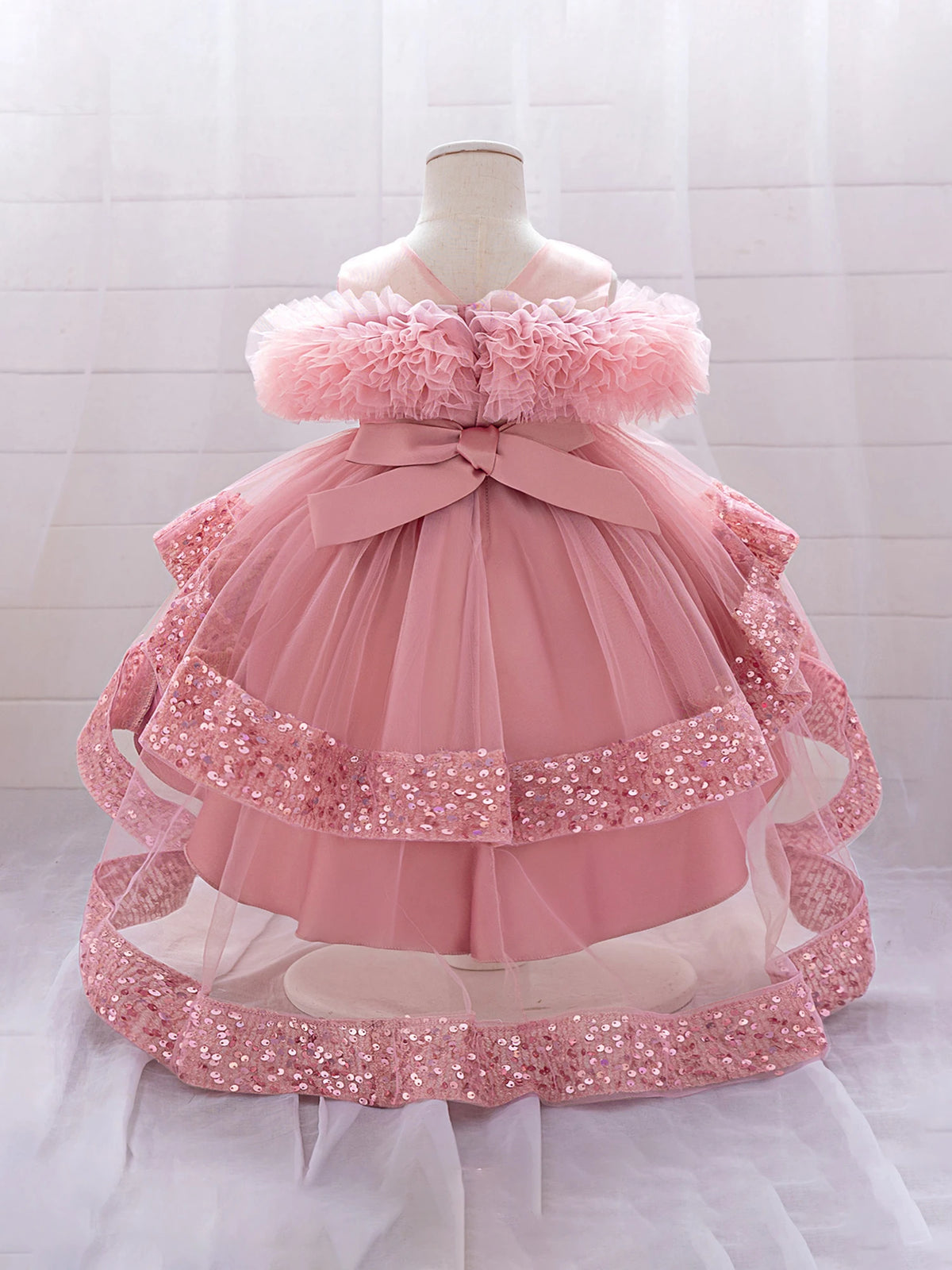 Girls Sparkly Sequin Princess Dress with Tulle Skirt and High-Low Hemline