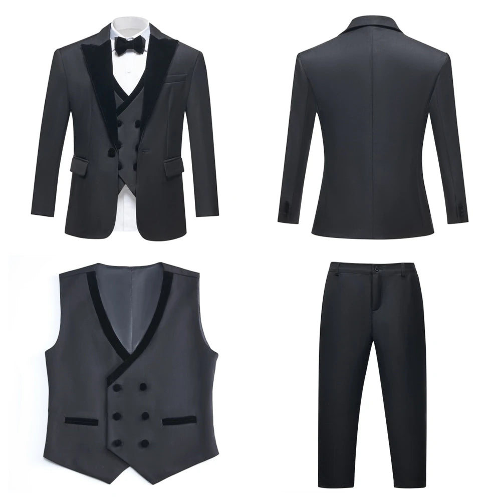 Four Pieces Boys Formal Suit Set, Velvet Collar Blazer Suits 3-14 Years