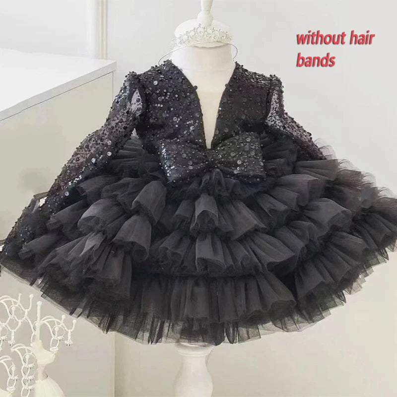 Long Sleeve Sequins Bow Girls