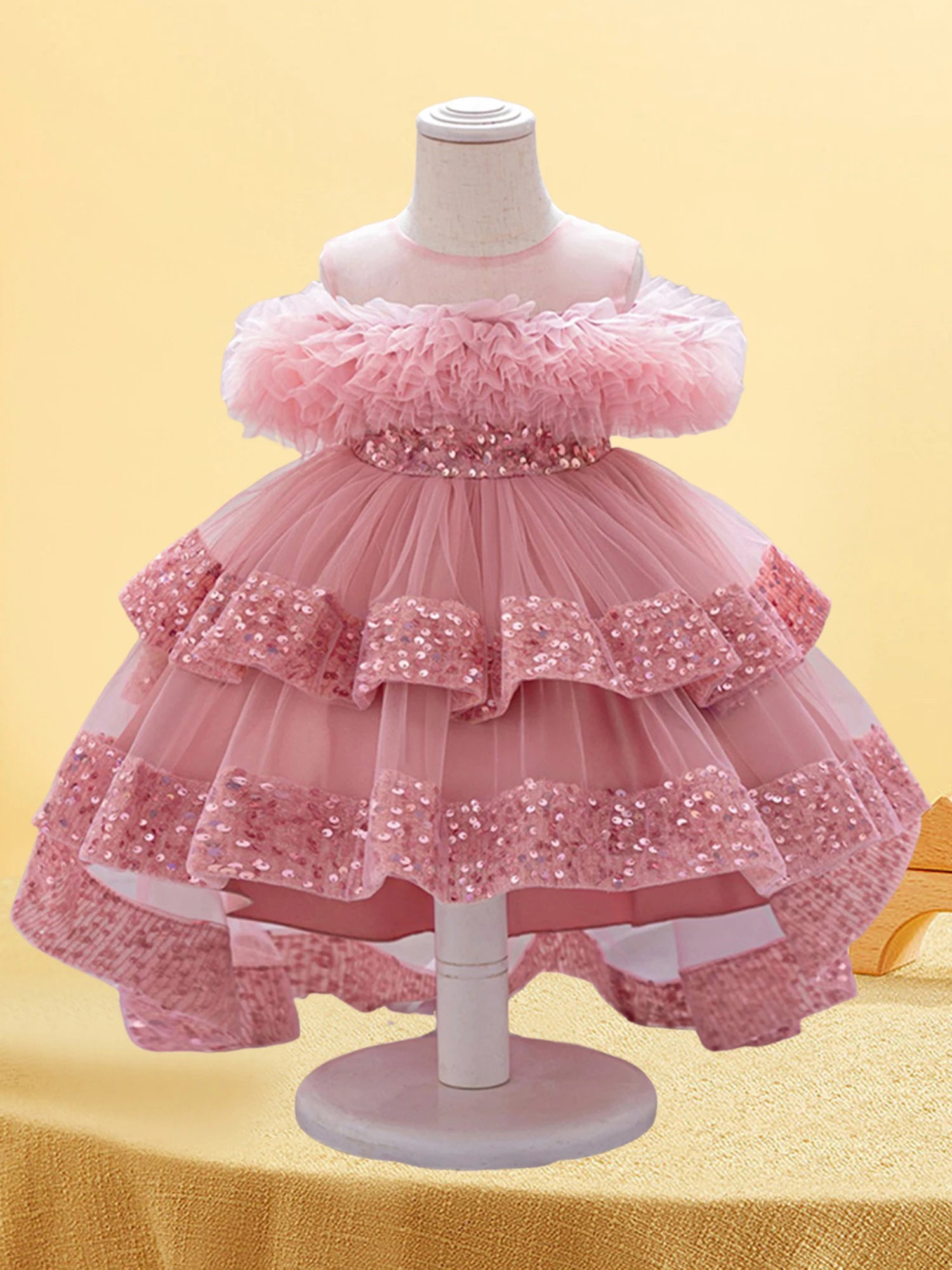 Girls Sparkly Sequin Princess Dress with Tulle Skirt and High-Low Hemline