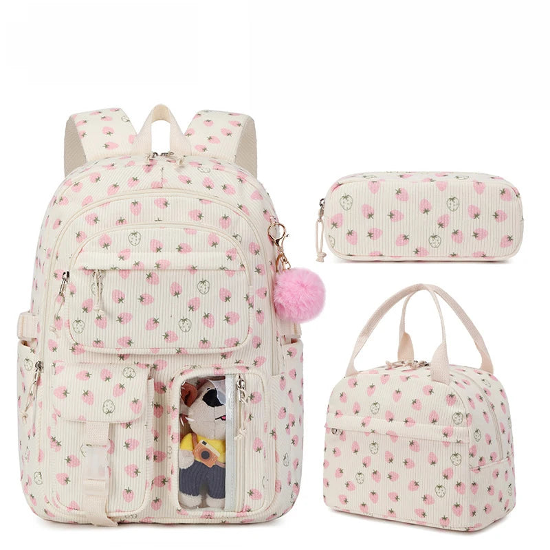 3pcs/set Corduroy School Backpack with Lunch Bag & Pencil Case