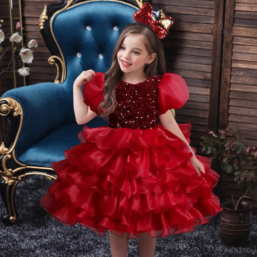 Girls Sequined Party Ball Dress With Big Bow Headband
