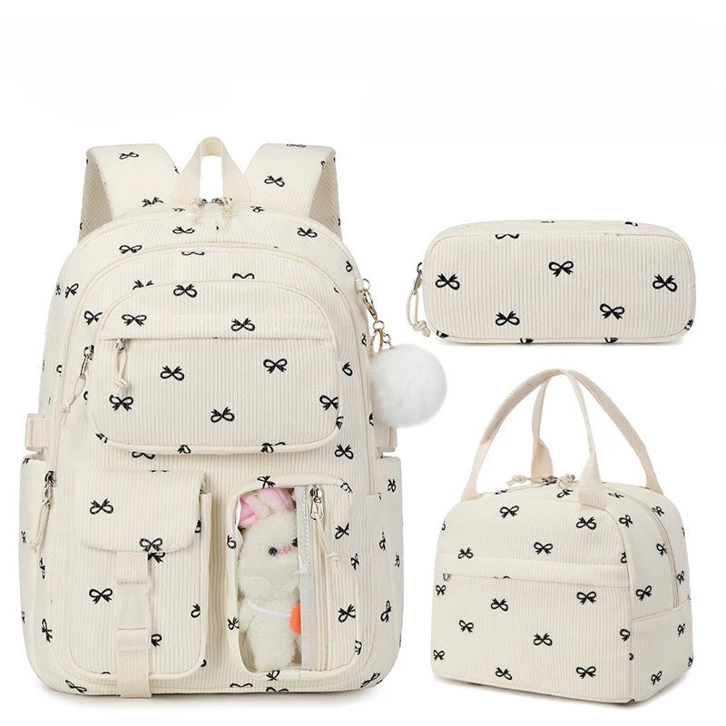 3pcs/set Corduroy School Backpack with Lunch Bag & Pencil Case