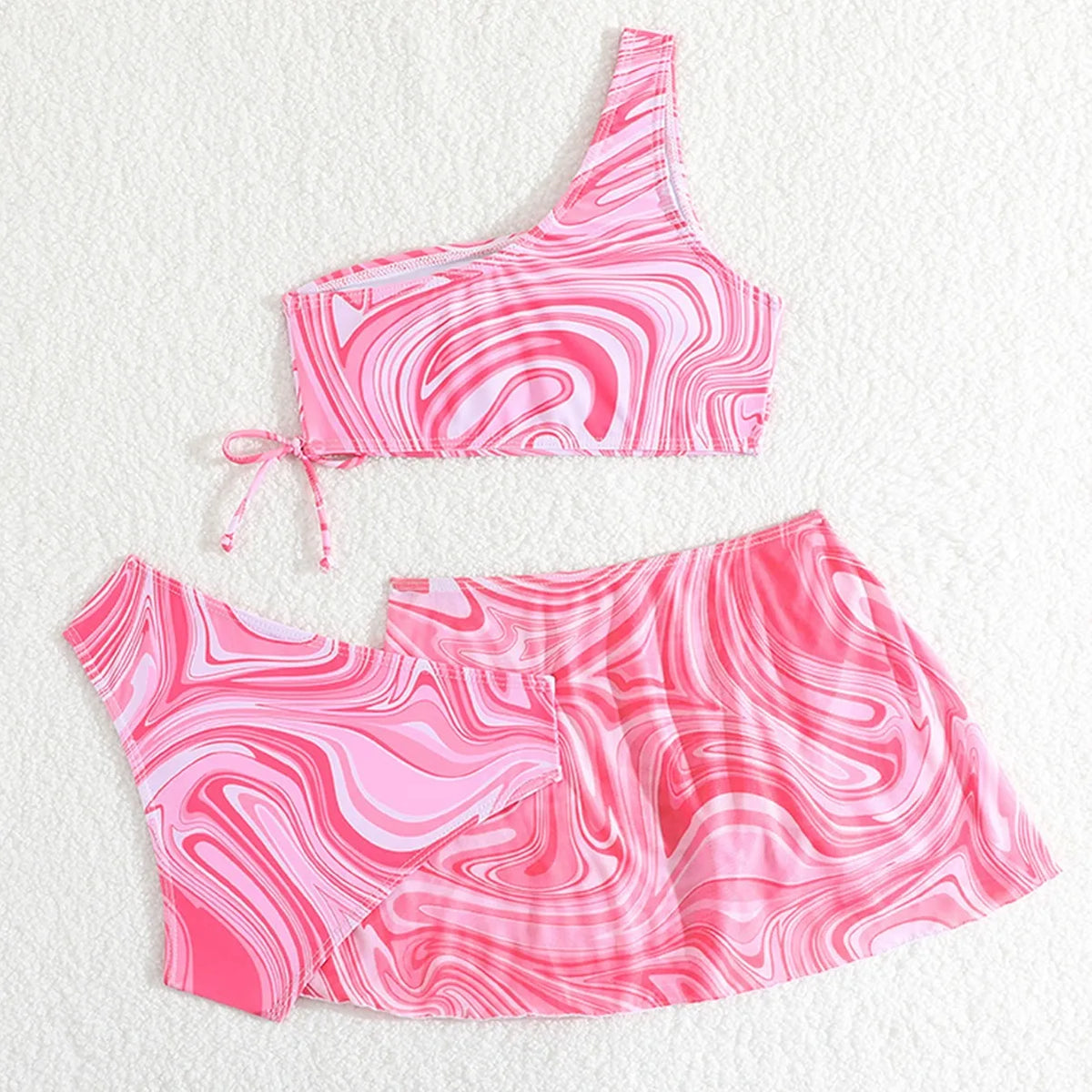 Girls 3pack Ripple Print One Shoulder High Waist Bikini Kids Swimsuit 7-12 Years Children's Swimwear