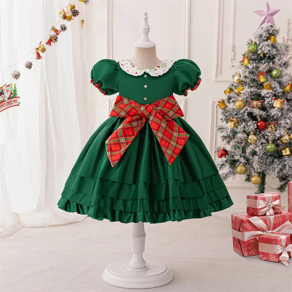 Girl Classic Plaid Bow Christmas Dress