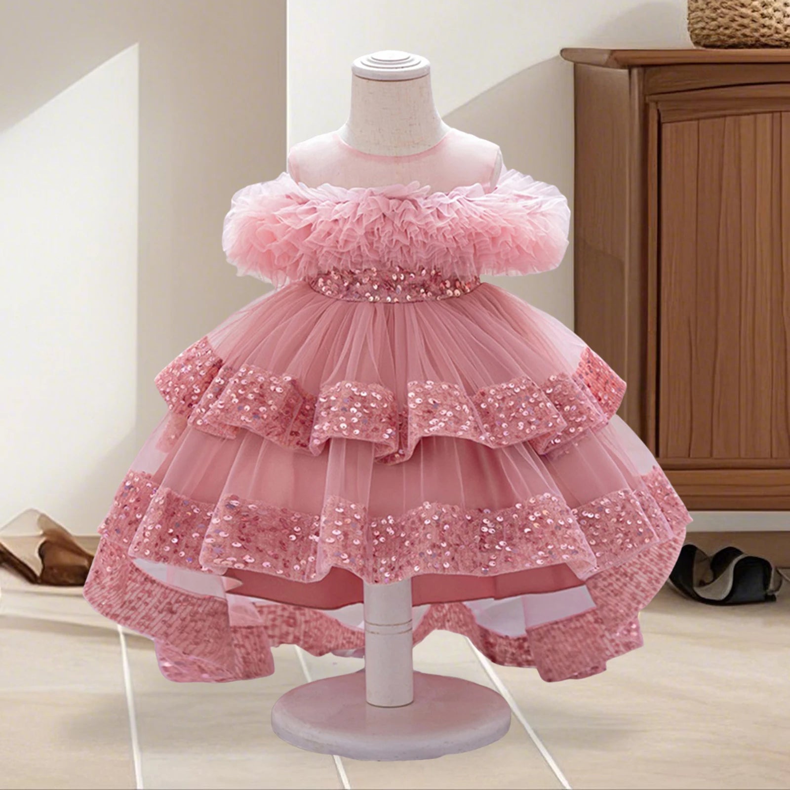 Girls Sparkly Sequin Princess Dress with Tulle Skirt and High-Low Hemline