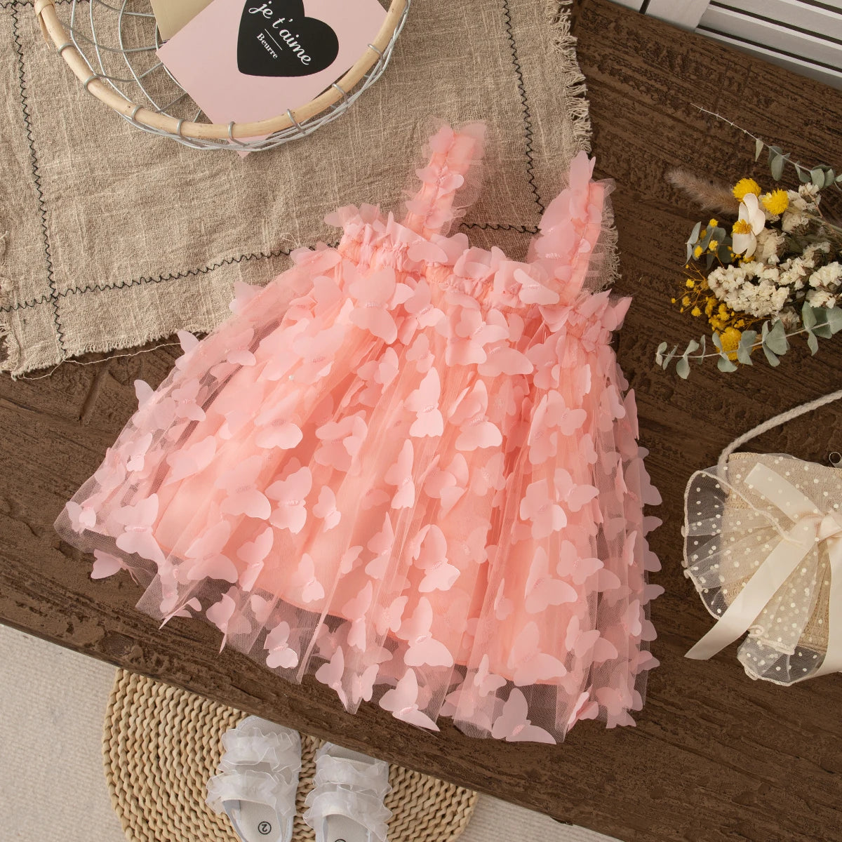 Full Print Butterfly Halter Solid Color Fluffy Girl Dress