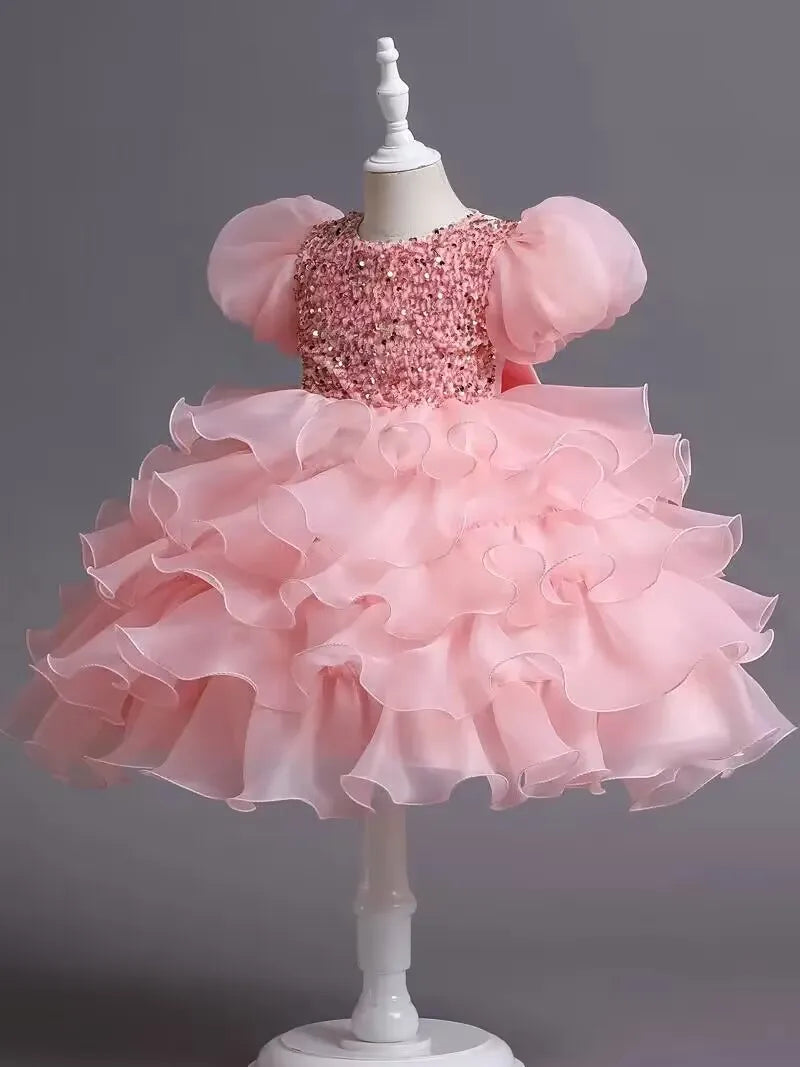 Girls Sequined Party Ball Dress With Big Bow Headband