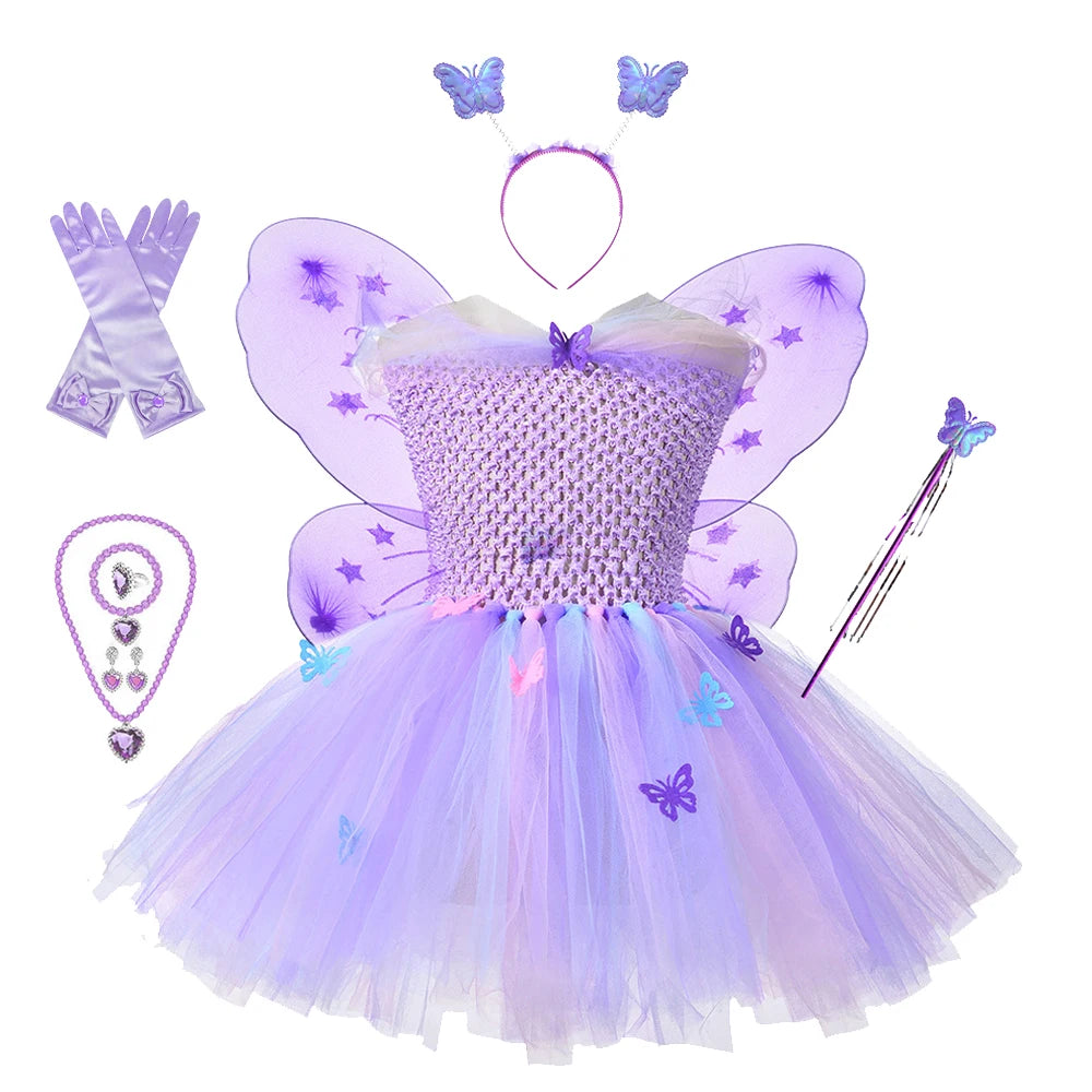 Girls Purple Butterfly Mesh Tutu Dresses  2-10T