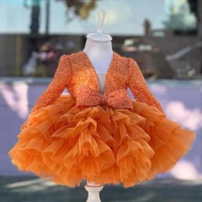 Long Sleeve Sequins Bow Girls