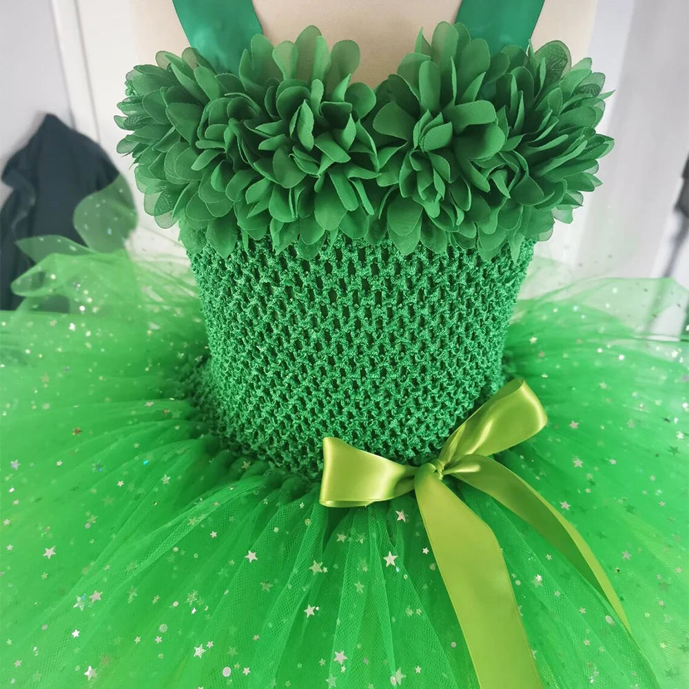 Girls Green Glitter Tutu Dress  with Butterfly Wing Set
