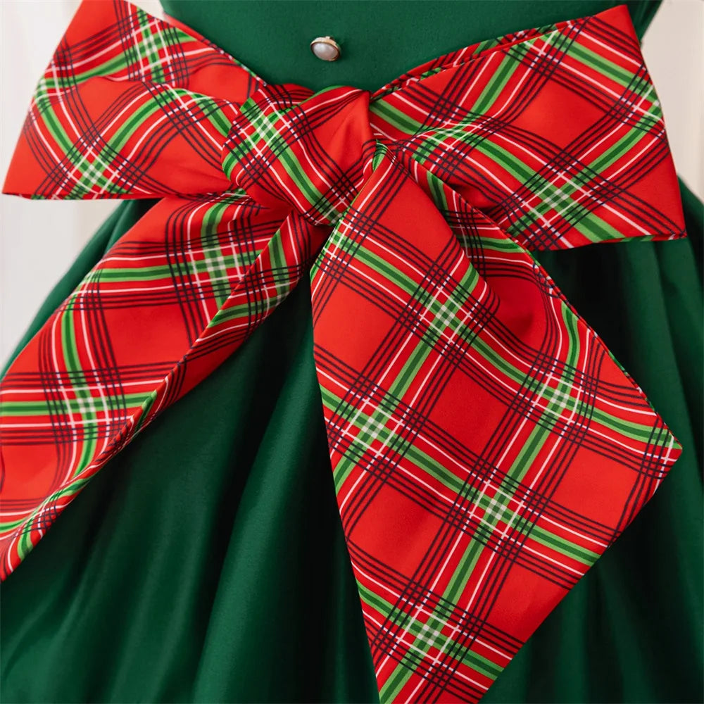 Girl Classic Plaid Bow Christmas Dress