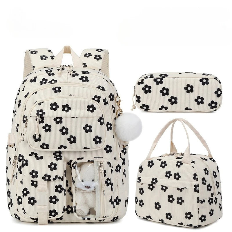 3pcs/set Corduroy School Backpack with Lunch Bag & Pencil Case
