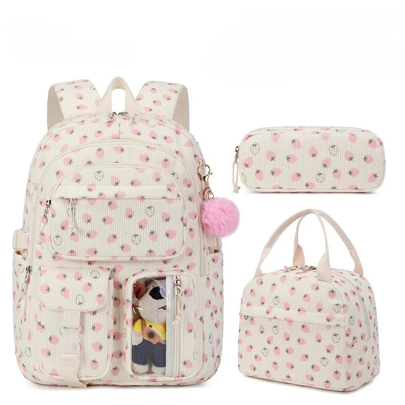 3pcs/set Corduroy School Backpack with Lunch Bag & Pencil Case