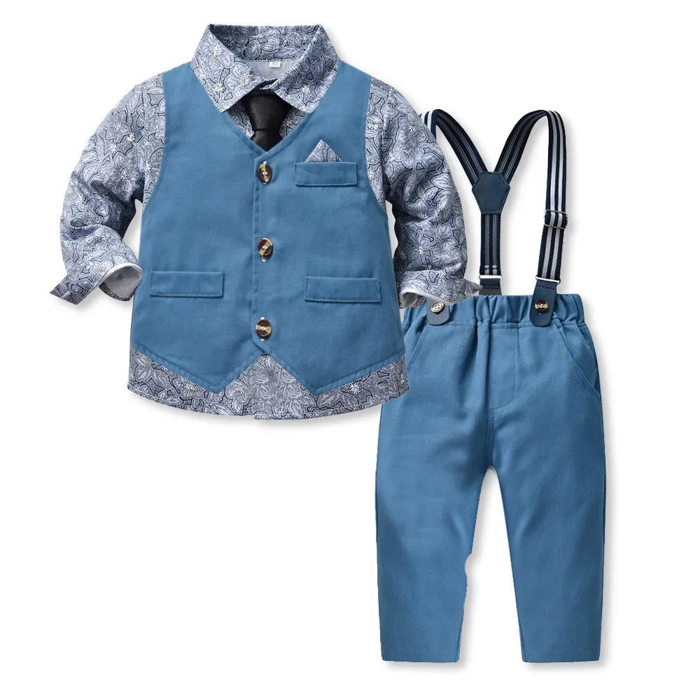 Boy Suit 70-140cm Flower Shirt and Strap Pants with Vest and Bow Tie